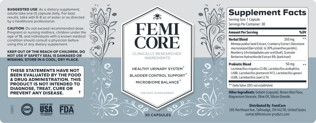 The official FemiCore label with the full Supplement Facts
